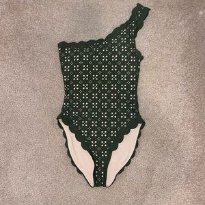 EUC, J. Crew size 8 bathing suit. Olive green with buff lining, scallop edges.